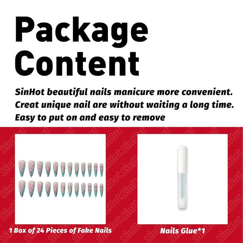 SINHOT Long Press On Nails Stiletto False Nails French Tip Fake Nails Ombre Glue on Nail Plum Blossom Acrylic Nail with Designs for Women and Girls - Image 5